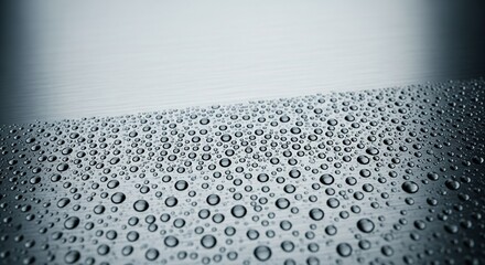 Spherical condensation beads resting on a brushed stainless steel surface with horizontal grain.