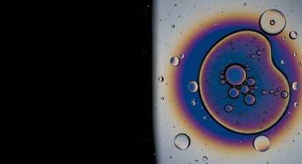 Iridescent oil drops creating circular patterns on a dark water surface with black space.