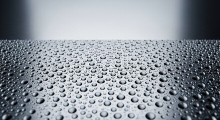 Spherical beads of water condensation forming on a cold, brushed metallic surface.
