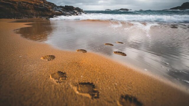 A close-up shot of beach footprints being washed away by gentle waves with rocks in background