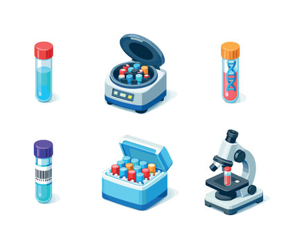 Biotech Lab Icons. Biotech lab. Isometric flat vector icons set of biotech lab: sterile test tube, test tube in centrifuge, DNA sample in test tube, test tube