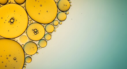 Clusters of golden oil droplets and bubbles suspended on a smooth teal water surface.