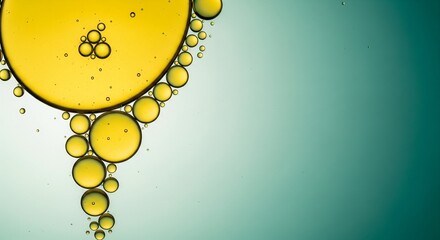 A cluster of golden oil droplets forming circular patterns on a gradient teal water surface.