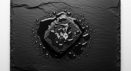 Clear water drops and bubbles pooling on a rough, textured black slate slab over a white surface.