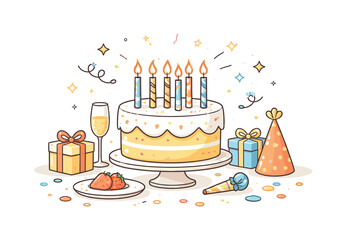 Naklejka premium Birthday Cake Bliss. Birthday cake time. A central view of a birthday cake with candles lit, surrounded by simple table elements. Warm tone, balance, and