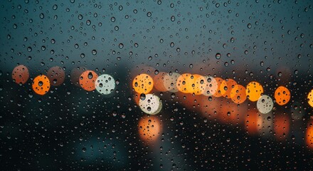 Raindrops clinging to a glass pane with blurred amber and white city lights in the background.
