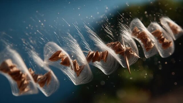 Transparent capsules encase brown seed structures with ethereal wisps on a blurred blue-green backdrop