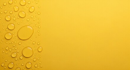Clear water droplets arranged in a vertical line on a textured yellow background.