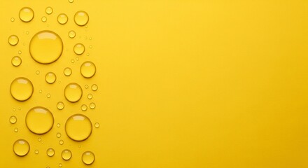 Multiple clear water droplets of various sizes resting on a matte, textured yellow background.