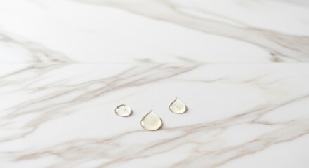 Three clear cosmetic serum drops resting on a polished white marble surface.