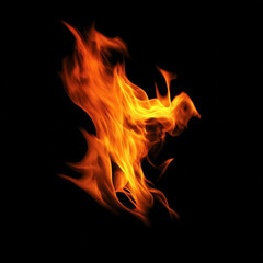 Fototapeta premium Intense orange flames flicker dynamically on black canvas. Tiny embers fly outward with glowing trails. Suitable for VFX, animation, or abstract designs. 