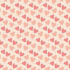 Seamless pattern with color hearts. Template holiday vector illustration. Design for card, postcard, poster, print, banner. Cartoon colorful hearts on color background.