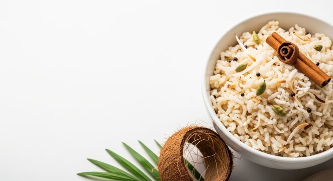 Arroz con Coco Coconut Rice with Cinnamon and Bright Editorial Negative Space