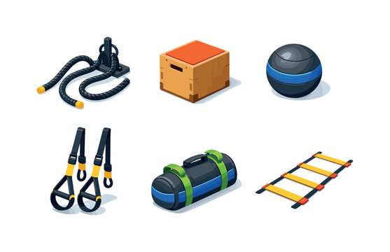 Functional Fitness Icons. Functional fitness. Isometric flat vector icons set of Functional fitness: battle ropes setup, plyo box, slam ball, TRX suspension
