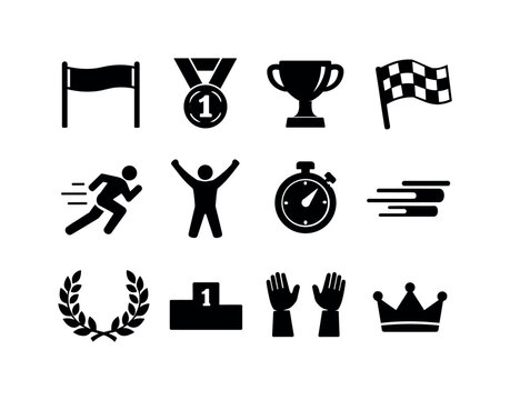 Race Victory Icons. Winning the Race. Solid icon set of Winning the Race: finish line banner, first place medal, trophy cup, checkered flag, runner sprinting,
