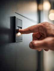 Naklejka premium Person pressing a modern black light switch on a dark wall turning on the illuminated button in a cozy indoor environment with blurred background lighting