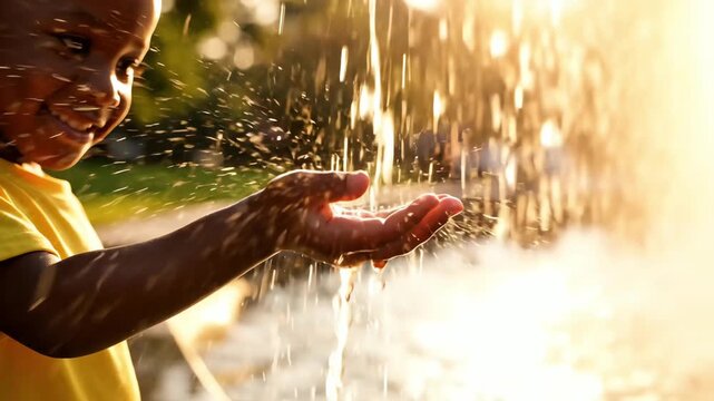 Young African American boy playing with water in a fountain during golden hour for summer fun concept and refreshing childhood joy