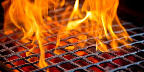 Fiery Blaze Emanates from Metal Grill, Showcasing the Intense Heat and Power of Cooking Process