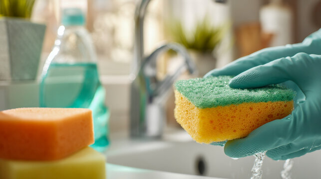 Person wearing blue gloves holding a yellow and green sponge over a sink with dish soap and other cleaning sponges in a bright kitchen setting