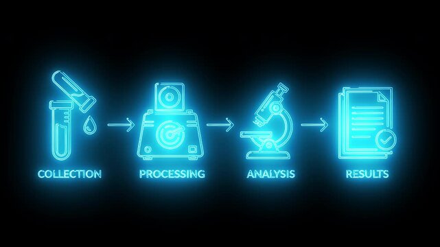 Neon-lit infographic illustrating the scientific method with icons for collection, processing, analysis, and results on a black background.
