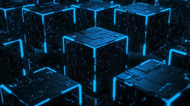 Abstract futuristic blue neon glowing tech cubes. High-tech sci-fi atmosphere. Blockchain technology, cryptocurrency mining, data processing, quantum computing, artificial intelligence
