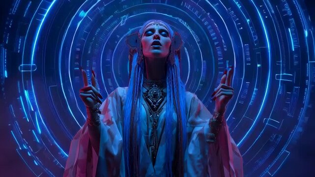 Futuristic cyber priestess standing before a glowing digital halo, blending mysticism, artificial intelligence, and virtual reality aesthetics
