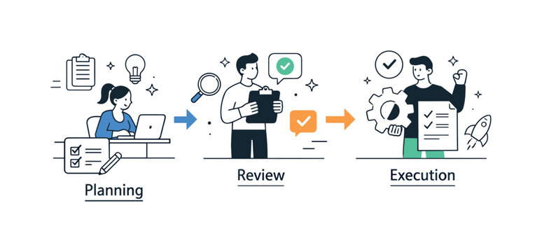 Office Workflow Illustration. Office process flow. Visual representation of tasks moving from planning to execution using simple blocks and arrows. Organized
