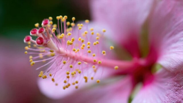 Close-up macro of pink flower stamen with yellow pollen. Blurred petals in background