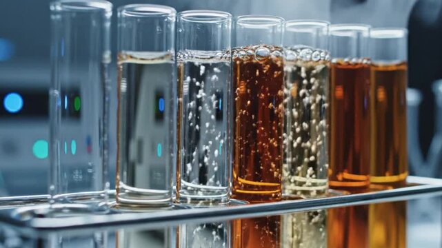 Seven test tubes with liquids in varying hues held in a metal rack against a blurred lab backdrop