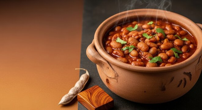 Creamy Frijoles in Clay Pot with Rising Steam and Earth-Toned Negative Space