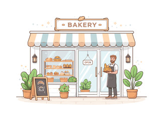 Obraz premium Charming Bakery Exterior. Bakery storefront exterior. A calm editorial scene showing a small bakery with large windows, an awning, and a welcoming entrance.