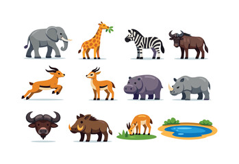 Fototapeta premium Savanna Animal Icons. Savanna herbivores. Colorful flat vector icons set of Savanna herbivores: elephant walking, giraffe eating leaves, zebra standing,