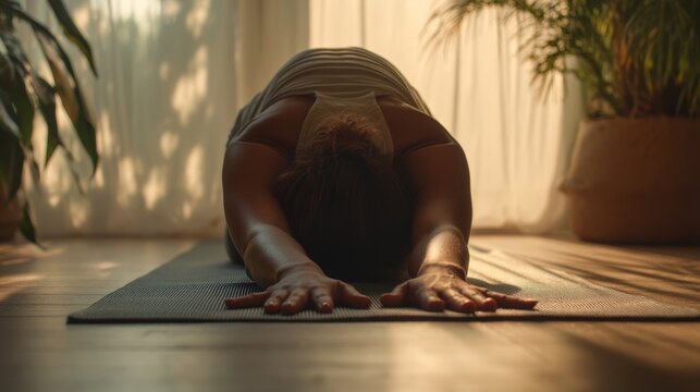 Person stretches back on yoga mat at home in warm light during morning hours near plants