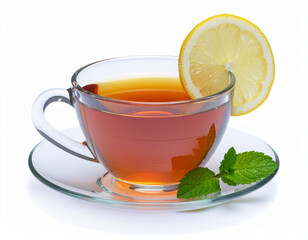 Glass Cup of Tea with Lemon Slice.
