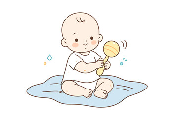 Cute cartoon baby with rattle sitting on blanket