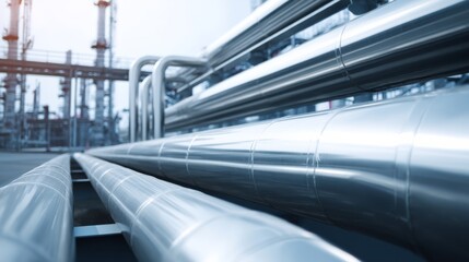 Obraz premium Geometric arrangement of pipes in an industrial facility during daylight near a chemical processing plant