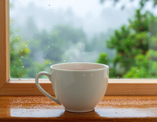 White Coffee Cup on Wooden Windowsill on Rainy Day.