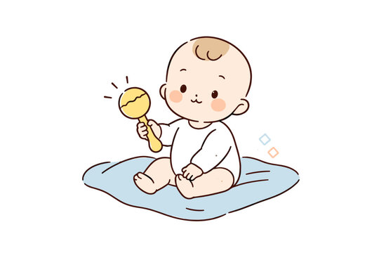 Cute cartoon baby holding rattle on blue blanket