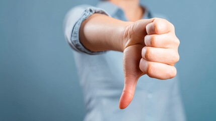 Obraz premium Person shows disapproval with a thumbs down gesture against a plain background during the daytime in an indoor setting