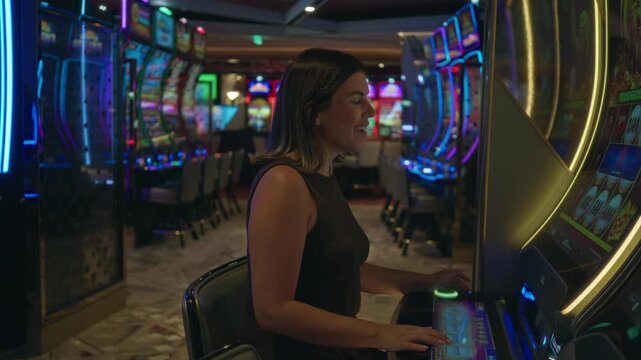 Woman playing a row of slot machines, hands on controls and smiling while pressing a button in a casino building; excitement luck chance.
