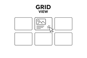 Grid view user interface with six blank boxes and cursor icon highlighting one box