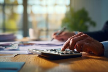 Fototapeta premium Business professional works at office desk using a calculator for financial calculations with paperwork in the background during a sunny day
