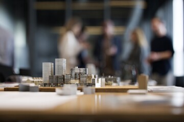 Obraz premium Model of a modern city layout on a wooden table with people discussing in the background during a design meeting in a bright office space