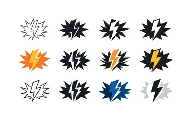 Obraz premium Power Surge Logos. Power surge metaphor. Icon set. Set Logo of power surge metaphor: lightning bolt burst. harmonious logo variations of the same emblematic