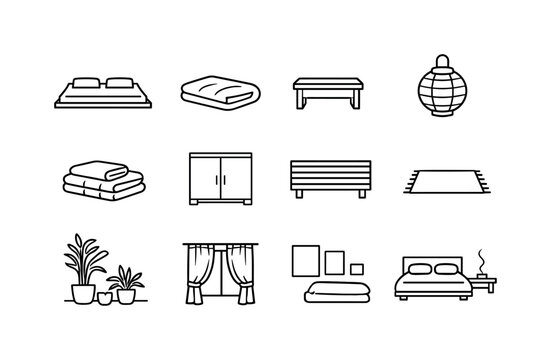 Zen Bedroom Icons. Zen Bedroom Interior. Line icon set of Zen Bedroom Interior: low platform bed, futon mattress, simple bedside table, paper lantern light,