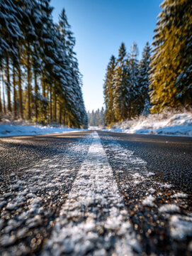 Winter road covered with light snow flanked by tall pine trees under clear blue sky captured from a low angle in a scenic forest setting