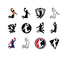 Basketball Logo Variations. Shooting hoops. Icon set. Set Logo of shooting hoops: athlete mid-air dunk pose. harmonious logo variations of the same emblematic