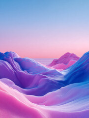 Fototapeta premium Surreal landscape of smooth rolling hills in vibrant pink and blue hues under a soft pastel sunset sky, evoking a dreamlike and tranquil atmosphere