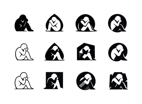 Crying in Darkness Icons. Crying alone in darkness. Icon set. Set Logo of crying alone in darkness: quiet sob silhouette. harmonious logo variations of the