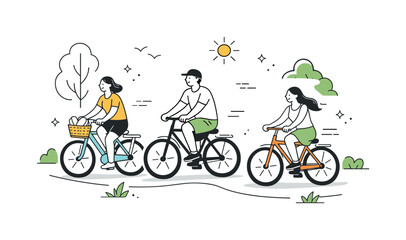 Obraz premium Leisurely Bicycle Ride. Summer outdoor fun. People riding bicycles slowly along a sunny path, surrounded by trees and calm movement. Leisurely summer activity,